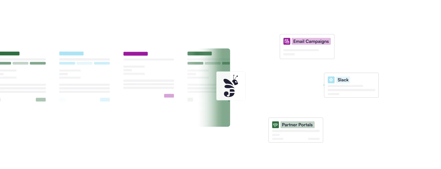 Channel marketing suite interface with campaign lists, a Journeybee bee tile and Email Campaigns, Slack and Partner Portals channel cards