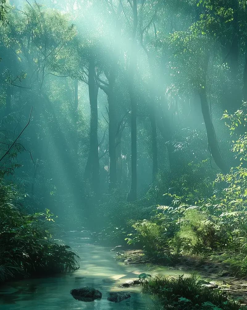 Light through tall rainforest trees over a shallow stream