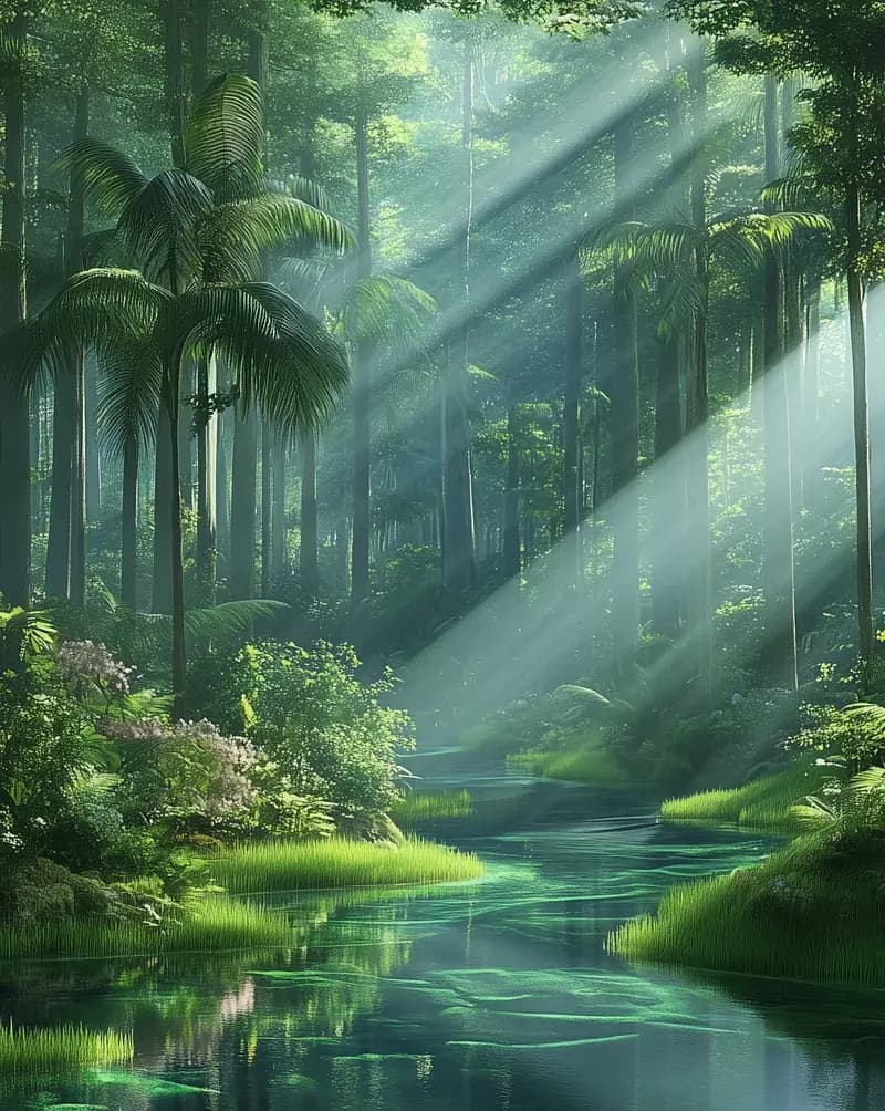 Sunbeams through a rainforest canopy over a still green river