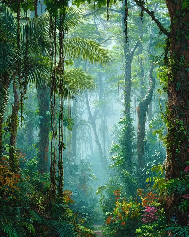 Vines and palms in a misty rainforest