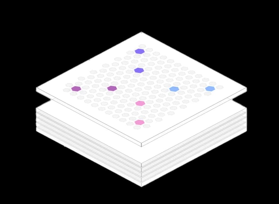 Stacked hexagon grid layers with a few cells highlighted in purple, pink and blue